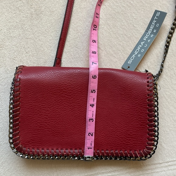 SONDRA ROBERTS SQUARED Flap Purse, Rusty Red, Adjustable Strap Inside Zip Pocket - Picture 9 of 13